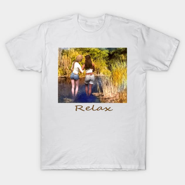 Two women girls wading in pond zen yoga buddhism T-Shirt by Fantasyart123